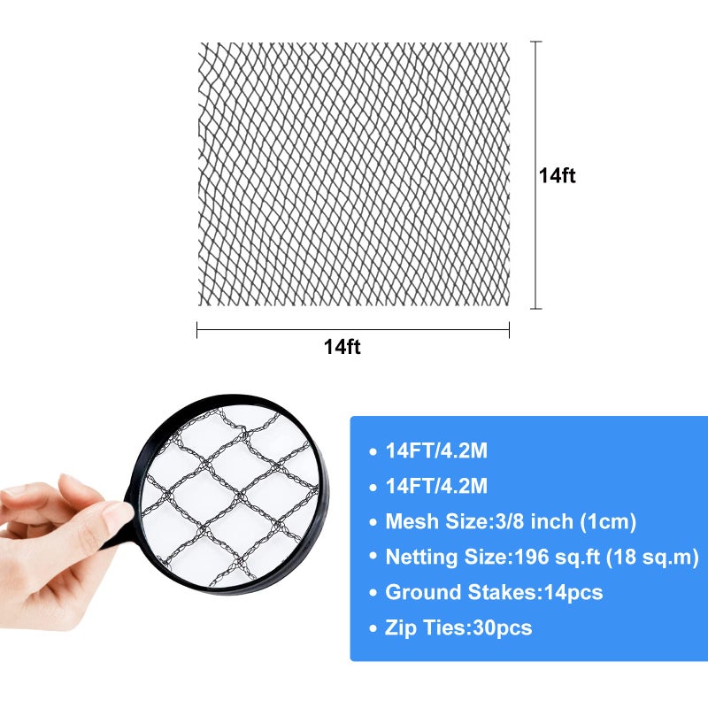 BUZIFU Pond Netting, 14 x 14 FT Pond Net Heavy Duty Pond Netting for Koi Ponds, Garden Pool Fine Mesh Netting Kit for Leaves, Protects Koi Fish from Birds Cats Predators, with 14 Stakes and 30 Cable Zip Ties - Image 5